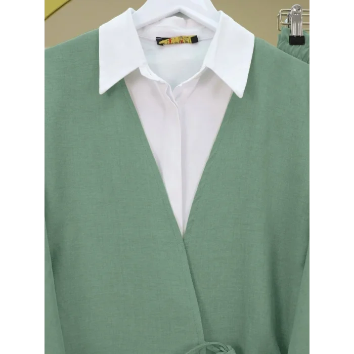 Önden Bağlamalı Pantolonlu Kimono Takım-Mint