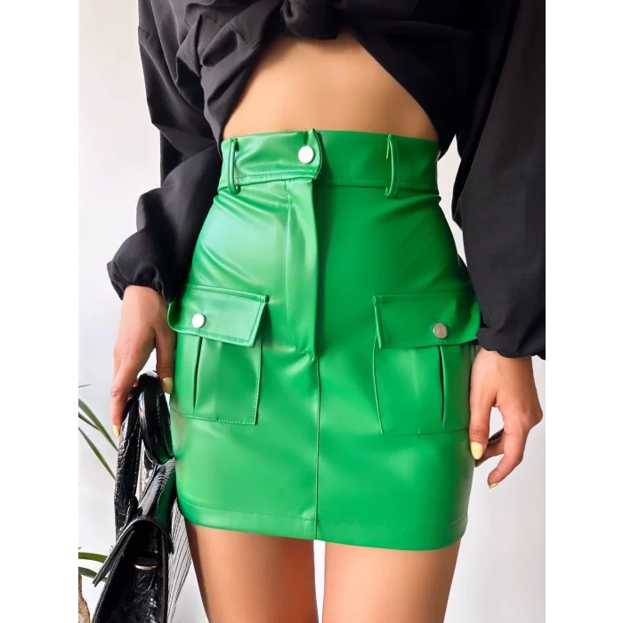 Önden iki cepli deri etek yeşil h240040