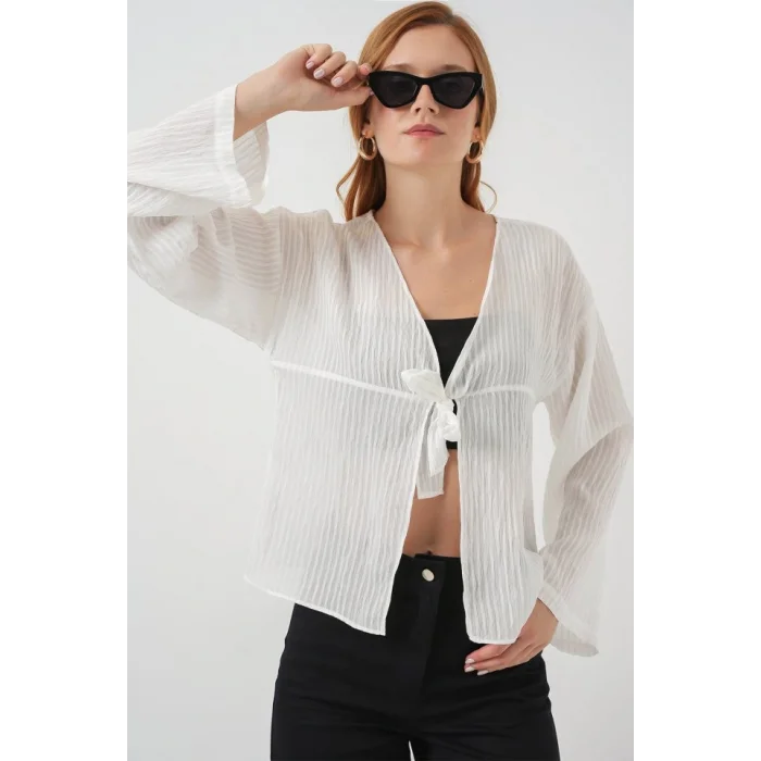 Önü Bağcıklı Bluz 952 - Beyaz