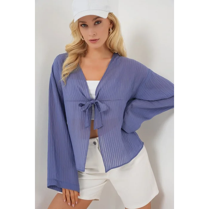 Önü Bağcıklı Bluz 952 - İndigo