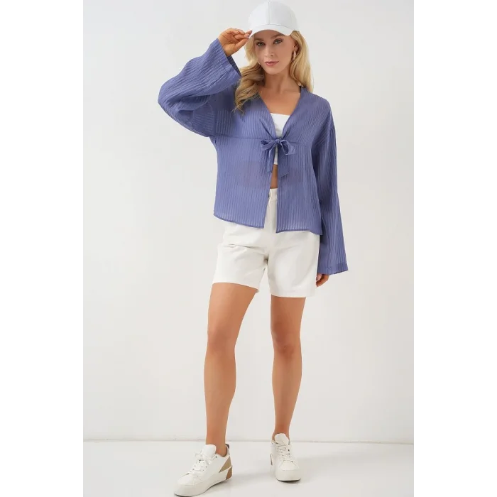 Önü Bağcıklı Bluz 952 - İndigo