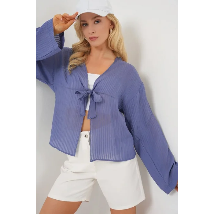 Önü Bağcıklı Bluz 952 - İndigo