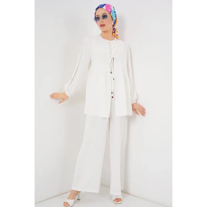 Önü Bağcıklı Tunik Pantolon İkili Takım 6744 - Beyaz