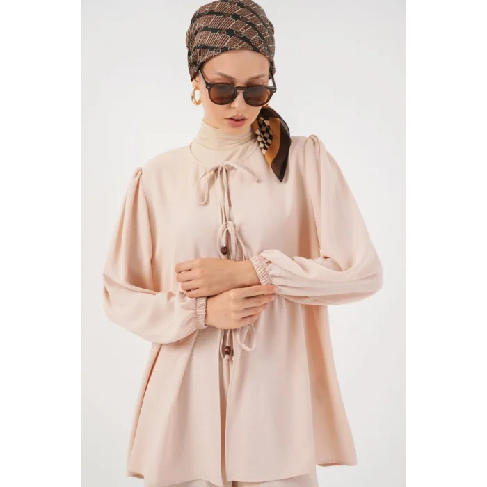 Önü Bağcıklı Tunik Pantolon İkili Takım 6744 - Krem