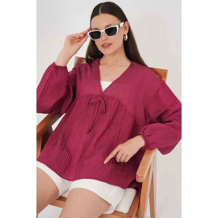 Önü Bağcıklı Uzun Kol Bluz 946 - Bordo