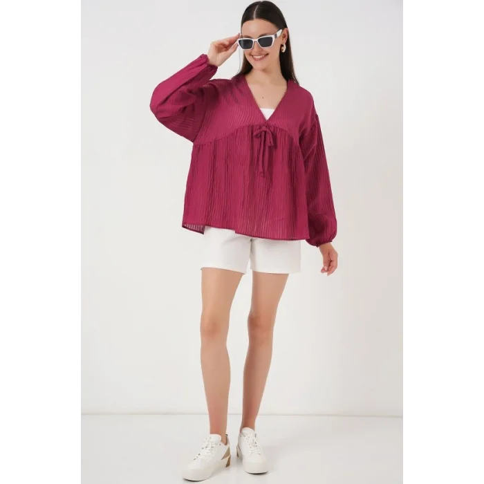 Önü Bağcıklı Uzun Kol Bluz 946 - Bordo