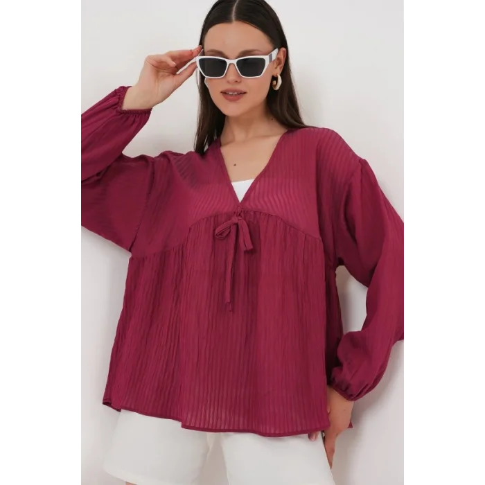 Önü Bağcıklı Uzun Kol Bluz 946 - Bordo