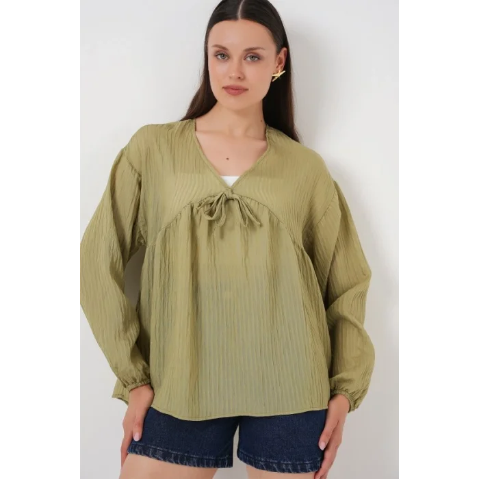 Önü Bağcıklı Uzun Kol Bluz 946 - Çağla