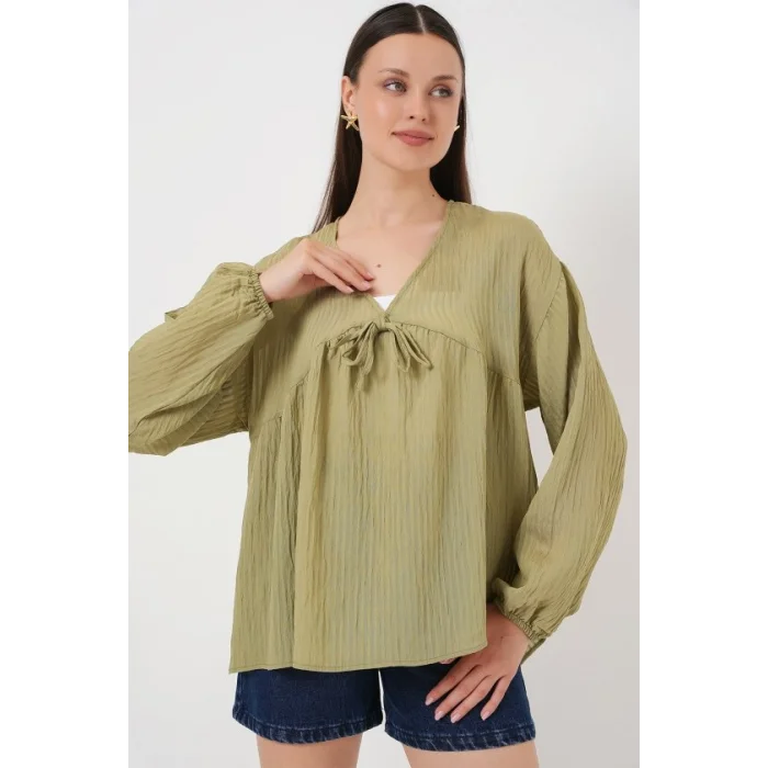 Önü Bağcıklı Uzun Kol Bluz 946 - Çağla