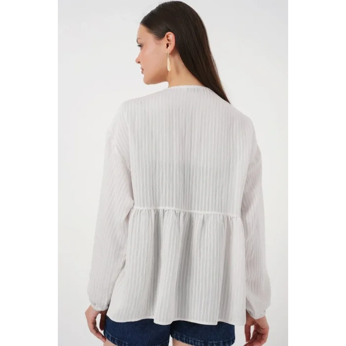 Önü Bağcıklı Uzun Kol Bluz 946 - Ekru