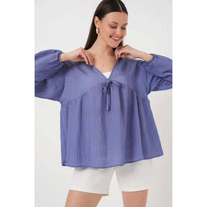 Önü Bağcıklı Uzun Kol Bluz 946 - İndigo