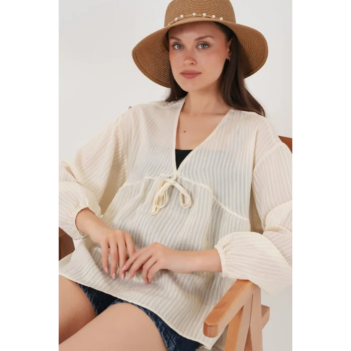 Önü Bağcıklı Uzun Kol Bluz 946 - Krem