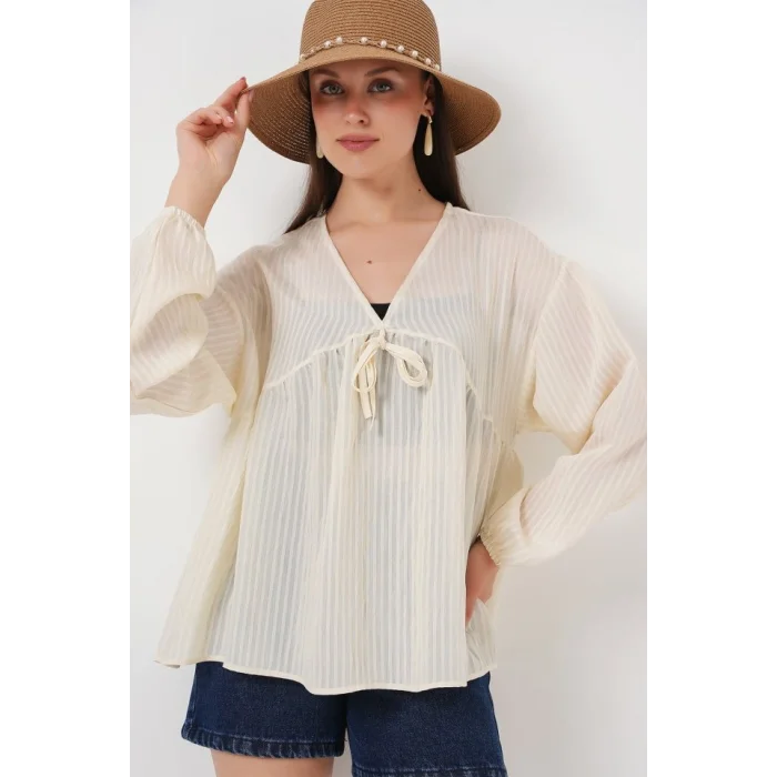 Önü Bağcıklı Uzun Kol Bluz 946 - Krem