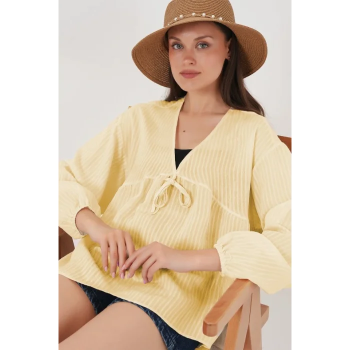 Önü Bağcıklı Uzun Kol Bluz 946 - Sarı
