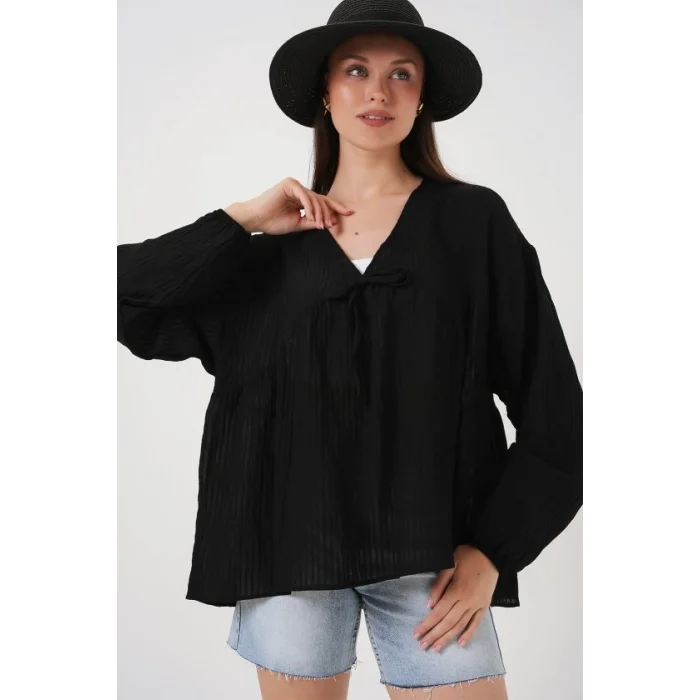 Önü Bağcıklı Uzun Kol Bluz 946 - Siyah