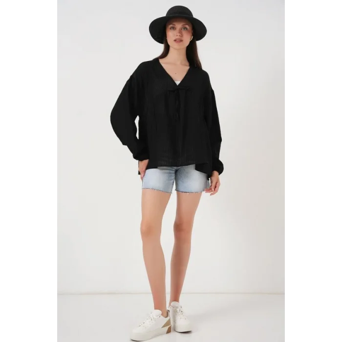 Önü Bağcıklı Uzun Kol Bluz 946 - Siyah