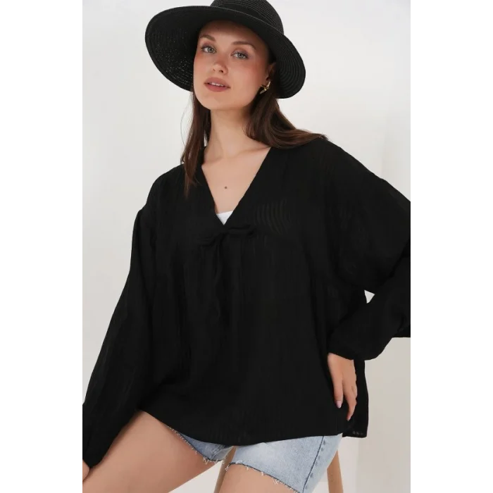 Önü Bağcıklı Uzun Kol Bluz 946 - Siyah