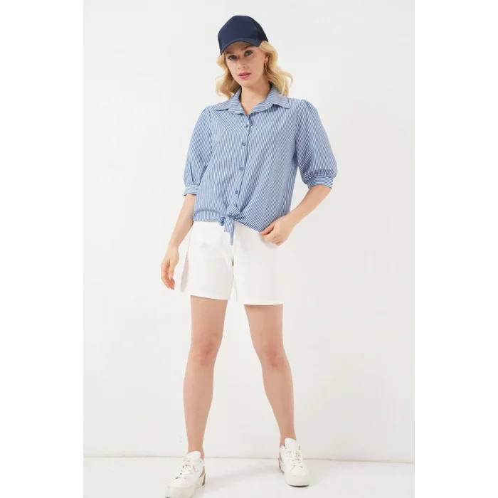 Önü Bağlamalı Çizgili Gömlek 20323 - Lacivert