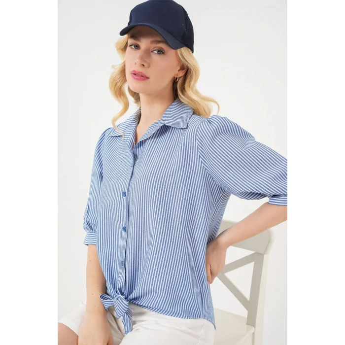 Önü Bağlamalı Çizgili Gömlek 20323 - Lacivert