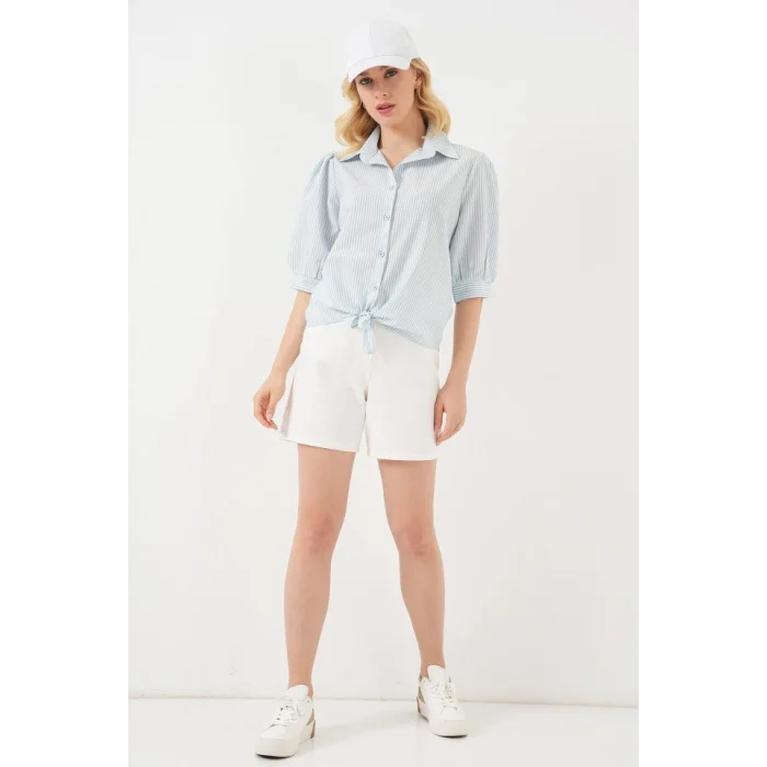 Önü Bağlamalı Çizgili Gömlek 20323 - Mavi