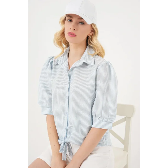 Önü Bağlamalı Çizgili Gömlek 20323 - Mavi