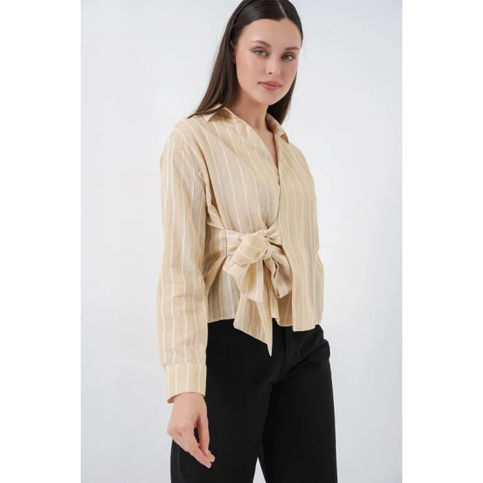 Önü Bağlamalı Çizgili Gömlek 20362 - Bej