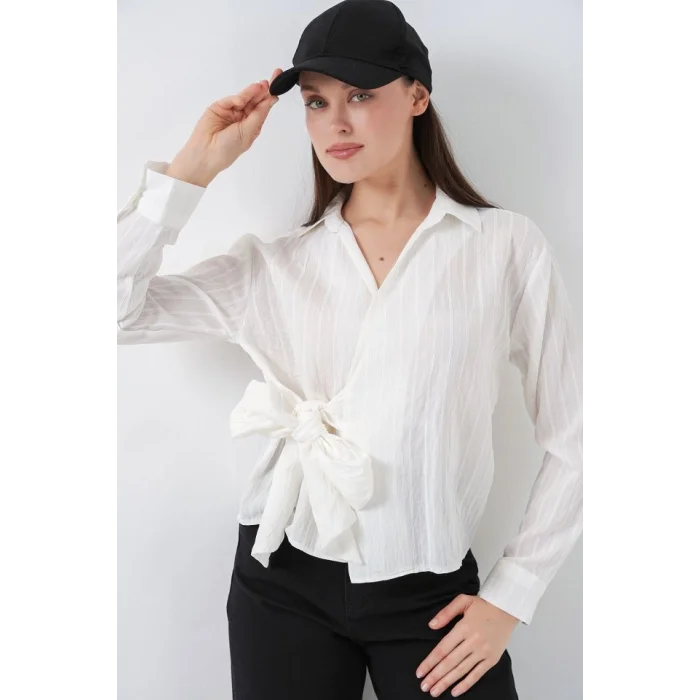 Önü Bağlamalı Çizgili Gömlek 20362 - Ekru