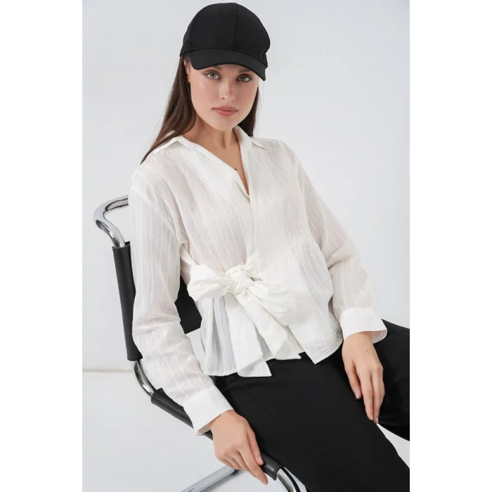 Önü Bağlamalı Çizgili Gömlek 20362 - Ekru