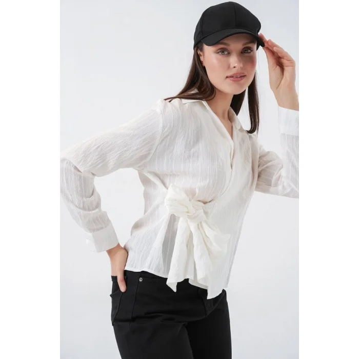 Önü Bağlamalı Çizgili Gömlek 20362 - Ekru