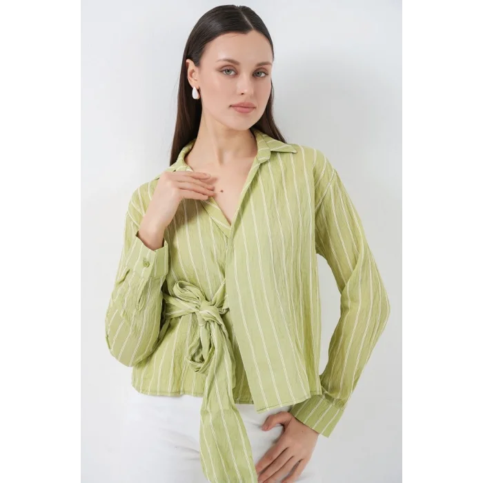 Önü Bağlamalı Çizgili Gömlek 20362 - E.Yeşil