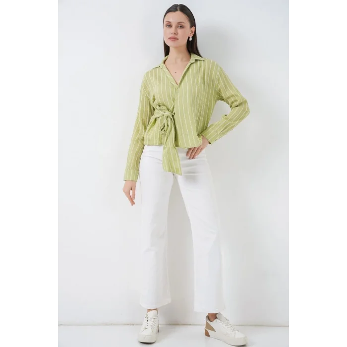 Önü Bağlamalı Çizgili Gömlek 20362 - E.Yeşil