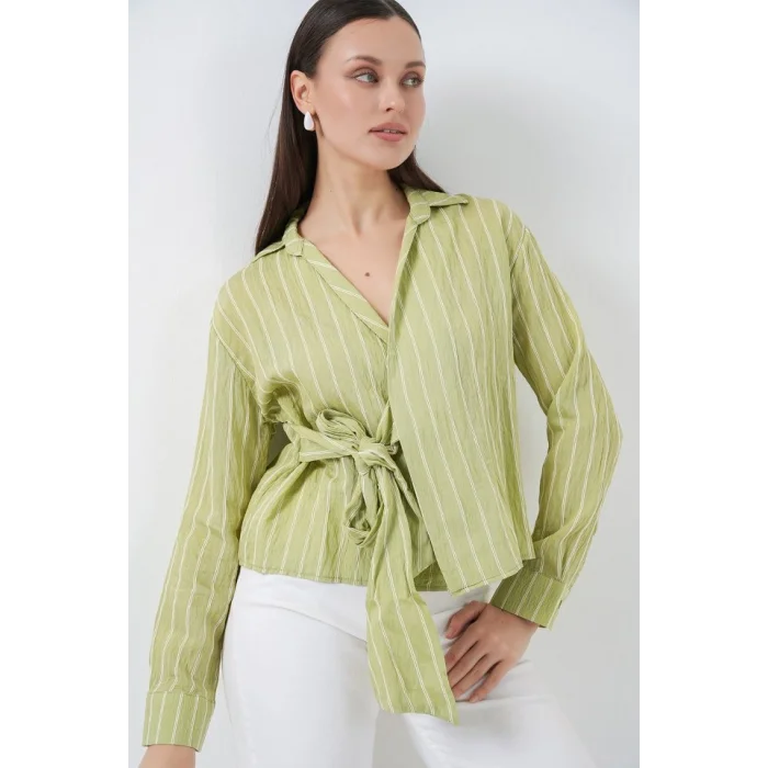 Önü Bağlamalı Çizgili Gömlek 20362 - E.Yeşil