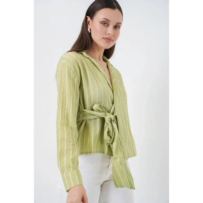 Önü Bağlamalı Çizgili Gömlek 20362 - E.Yeşil