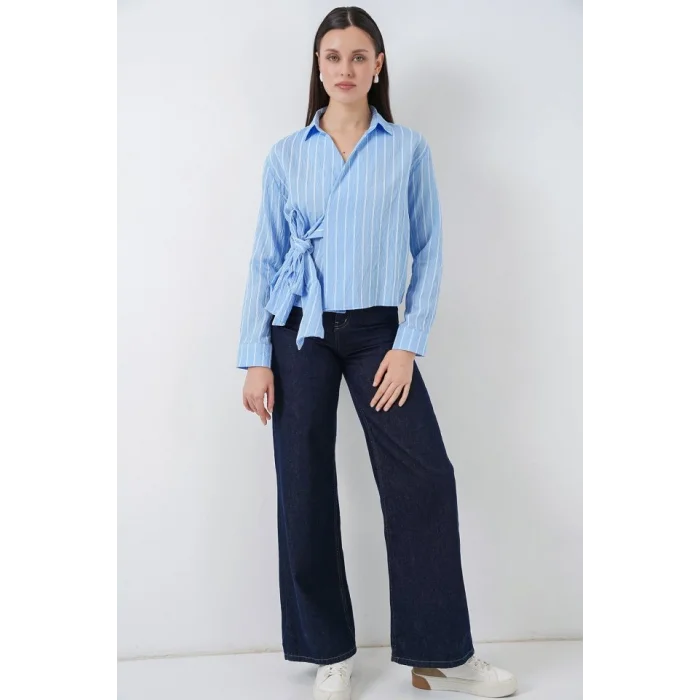 Önü Bağlamalı Çizgili Gömlek 20362 - Mavi