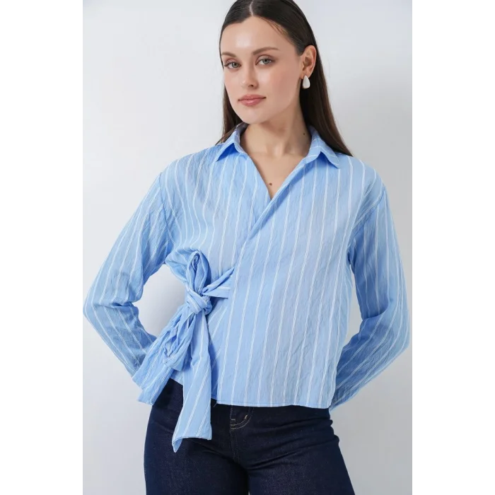Önü Bağlamalı Çizgili Gömlek 20362 - Mavi