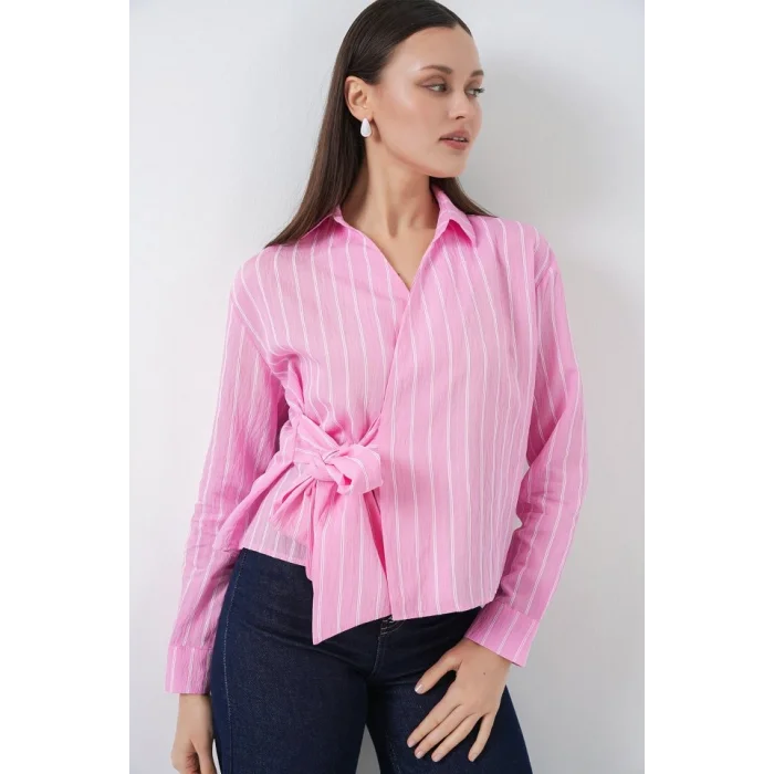 Önü Bağlamalı Çizgili Gömlek 20362 - Pembe