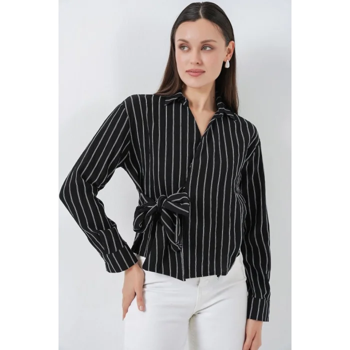 Önü Bağlamalı Çizgili Gömlek 20362 - Siyah