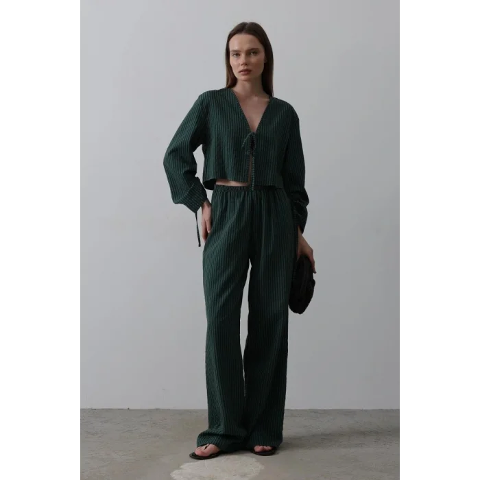 Önü Bağlamalı Crop Takım - Yeşil