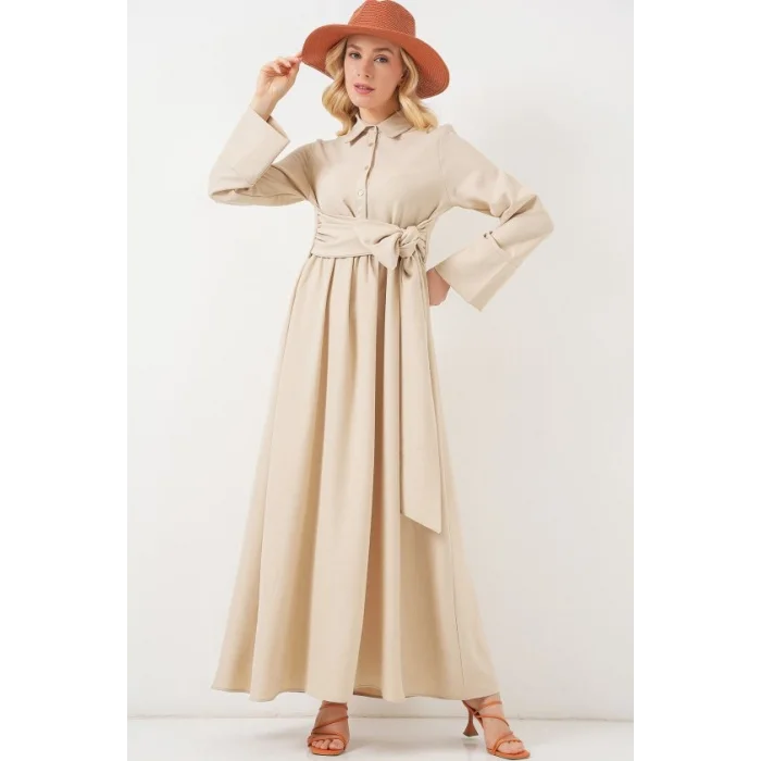 Önü Bağlamalı Keten Elbise 2574 - Bej