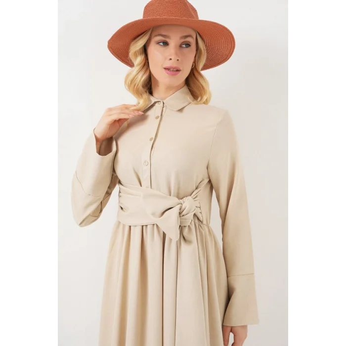 Önü Bağlamalı Keten Elbise 2574 - Bej
