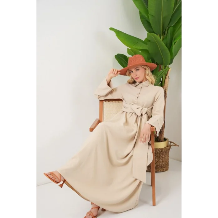 Önü Bağlamalı Keten Elbise 2574 - Bej