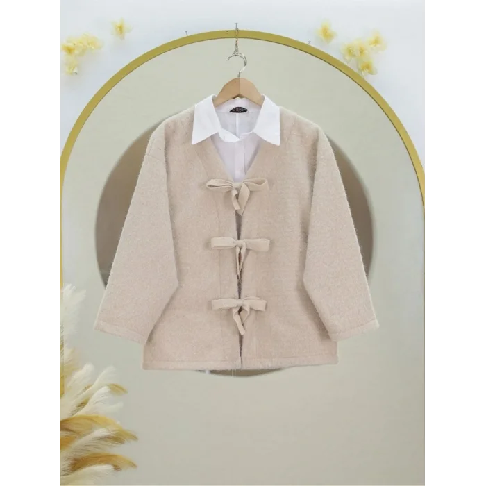 Önü Bağlamalı Kırçıllı Kaşe Ceket -Bej
