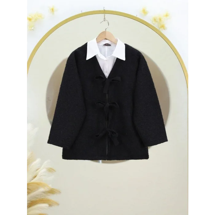 Önü Bağlamalı Kırçıllı Kaşe Ceket -Siyah