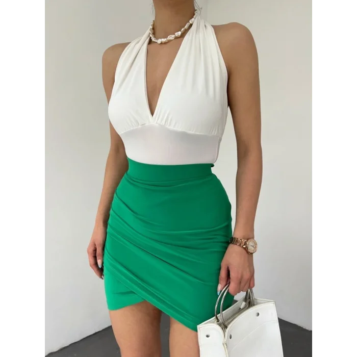 Önü Büzgülü Çift Kat Sandy Mini Etek  -Yeşil