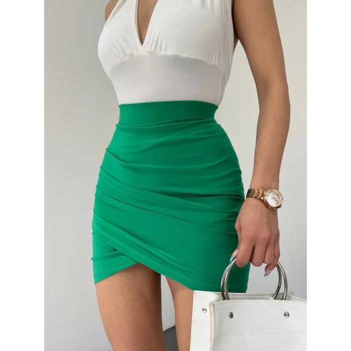 Önü Büzgülü Çift Kat Sandy Mini Etek  -Yeşil