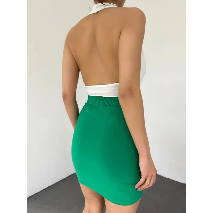 Önü Büzgülü Çift Kat Sandy Mini Etek  -Yeşil