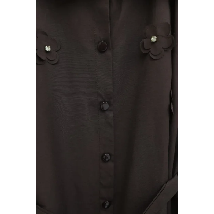 Önü Çiçek Detaylı Beli Bağcıklı Düğmeli Panço   -Kahve