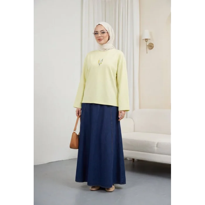 Önü Çiçek Nakışlı Yuvarlak Yaka Salaş Penye Tunik  -Açık Sarı