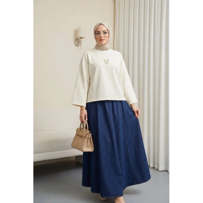 Önü Çiçek Nakışlı Yuvarlak Yaka Salaş Penye Tunik   -Ekru