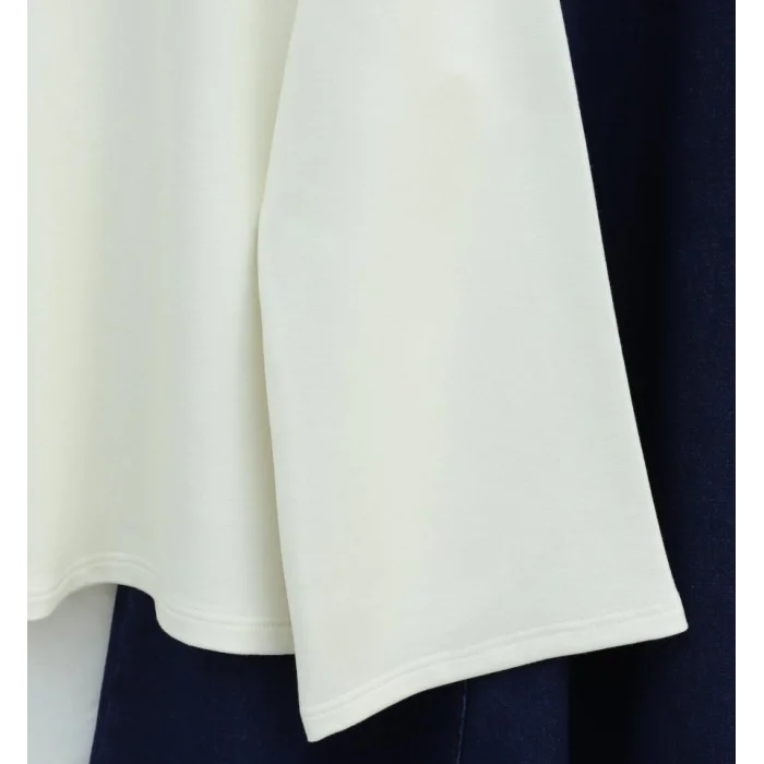 Önü Çiçek Nakışlı Yuvarlak Yaka Salaş Penye Tunik   -Ekru